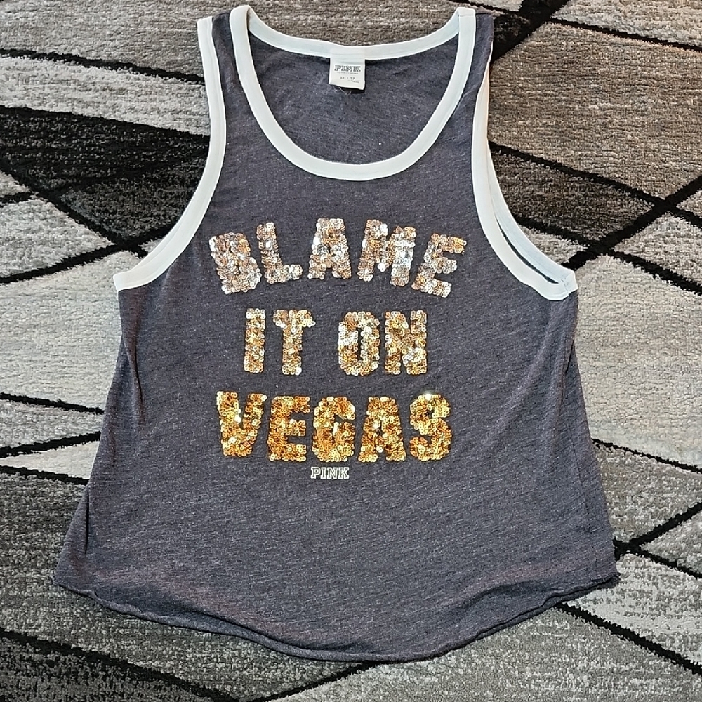 VS PINK 2014 SLIVER-TO-GOLD "BLAME IT ON VEGAS" CAMPUS TANK-TOP